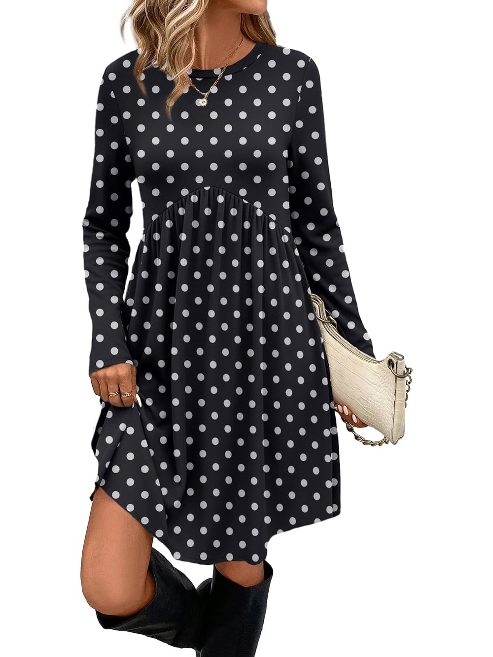 🆕 Women's Black Polka Dot Babydoll Dress Long Sleeve Empire Waist Mini Top